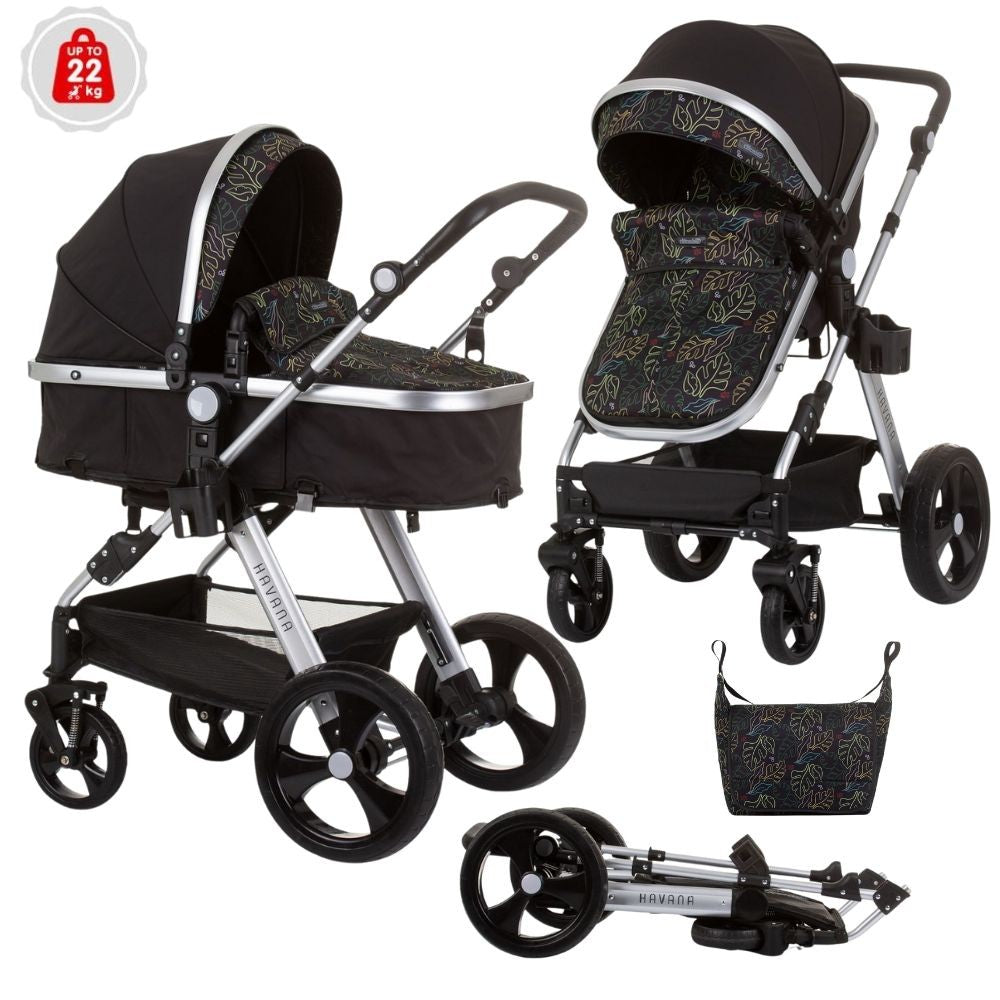 Carrito De Bebé Havana Dúo Convertible Hasta 22 Kg Con Bolso Y Mosquitera Obsidian Leaves_0