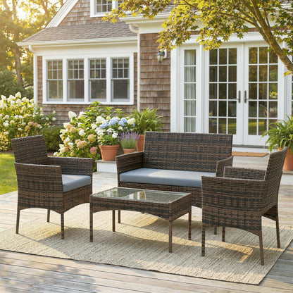 Outsunny Conjunto Jardín Exterior De Ratán Sintético Con Cojines Marrón Y Gris_1