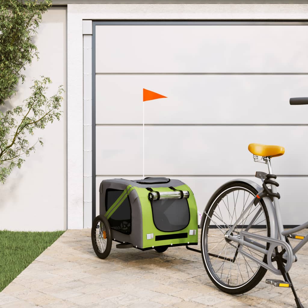 Remolque De Bicicleta Mascotas Hierro Tela Oxford Verde Gris_1