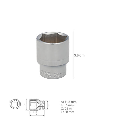 Llave Vaso 1/2 Hexagonal 24 Mm. Perfil De 6 Caras. Acero Cromo Vanadio, Aristas Redondas_1
