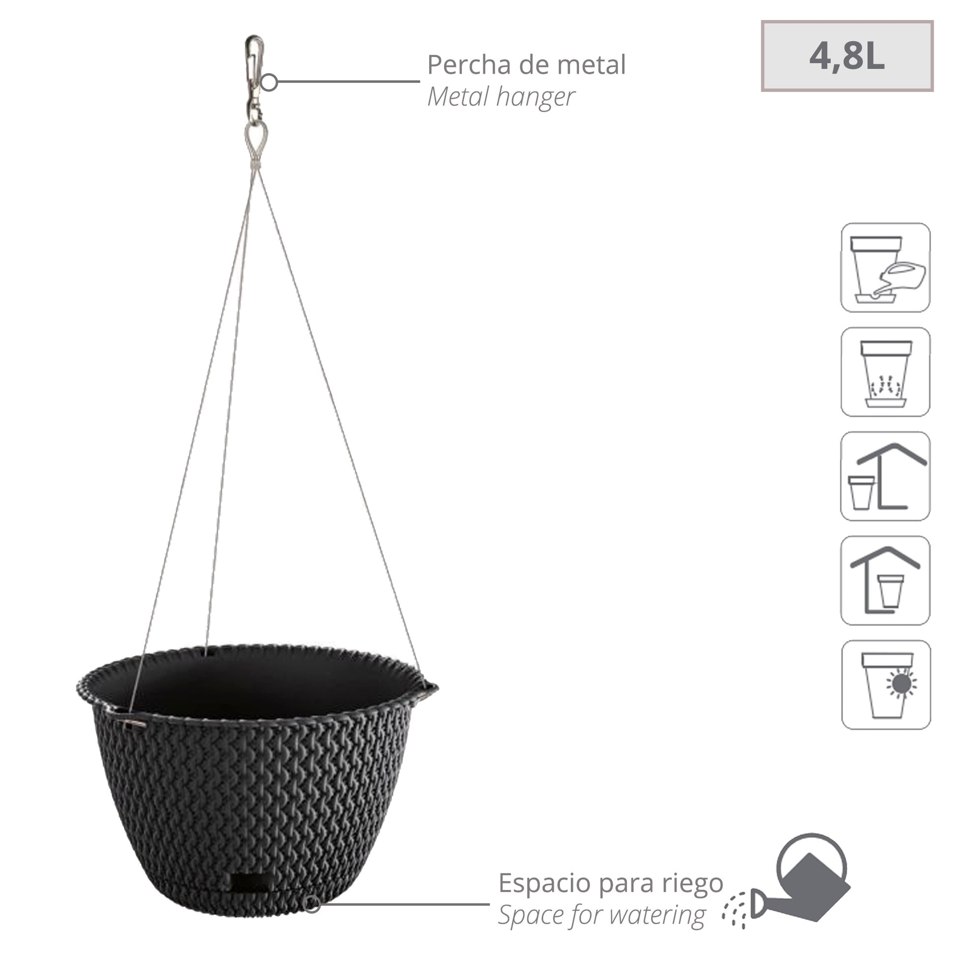 2x Maceta Redonda Colgante 4,8l Prosperplast Splofy Round Ws De Plastico En Color Antracita, Ø27 X 16,6 Cm_1