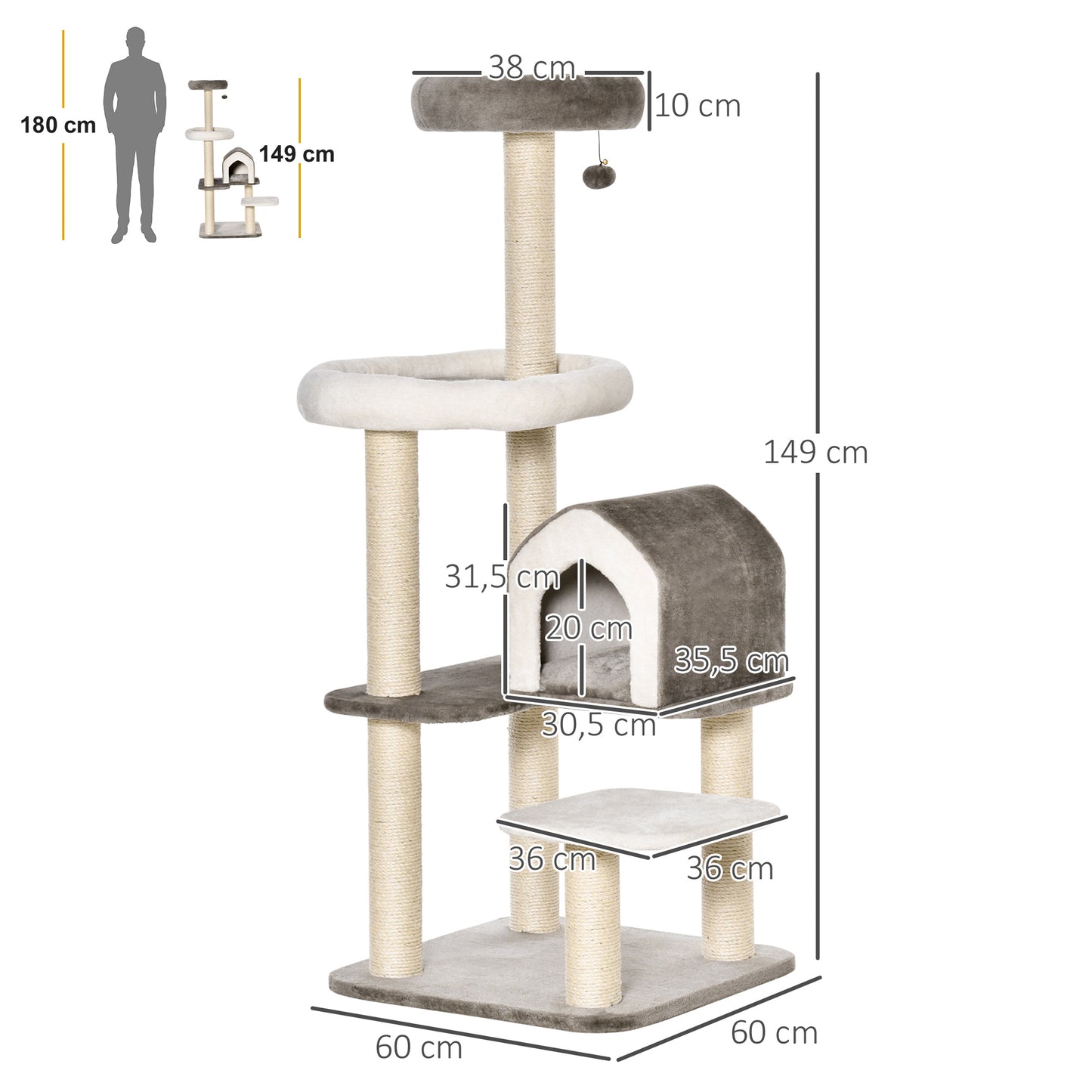 Pawhut Árbol Rascador Para Gatos Altura 149 Cm Con Cueva Cama Y Postes De Sisal_2