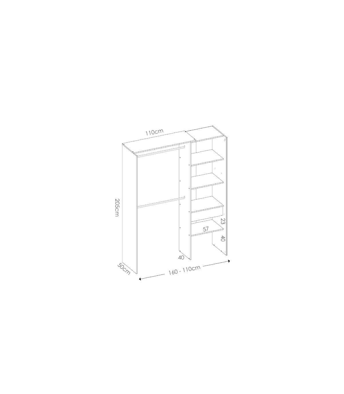 Vestidor Siles Para Dormitorio Con Cortina, 3 Baldas Y 1 Cajon En Color Blanco 205 Cm(alto_2