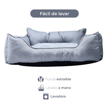 Cama Para Mascota 50x40x18cm Gris + Comedero Doble De Acero En Bambú_2