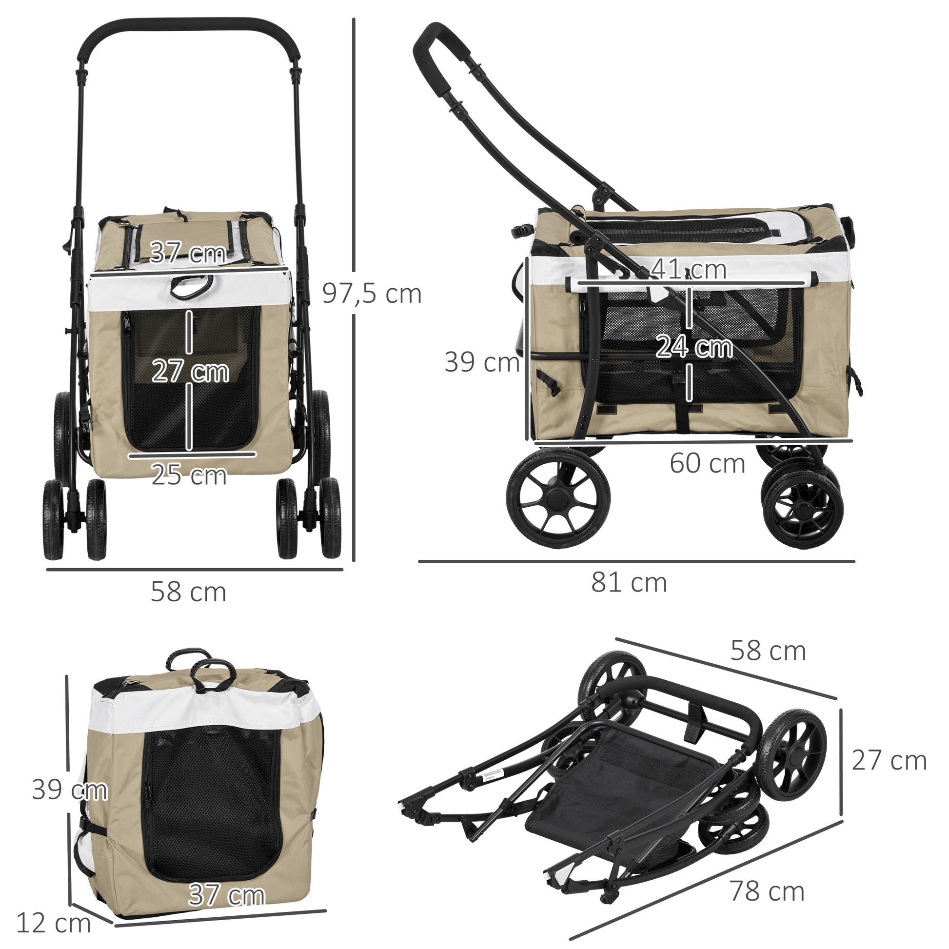 Pawhut Carrito Para Perros Plegable Con Vagón Desmontable Y Cojín Caqui_2
