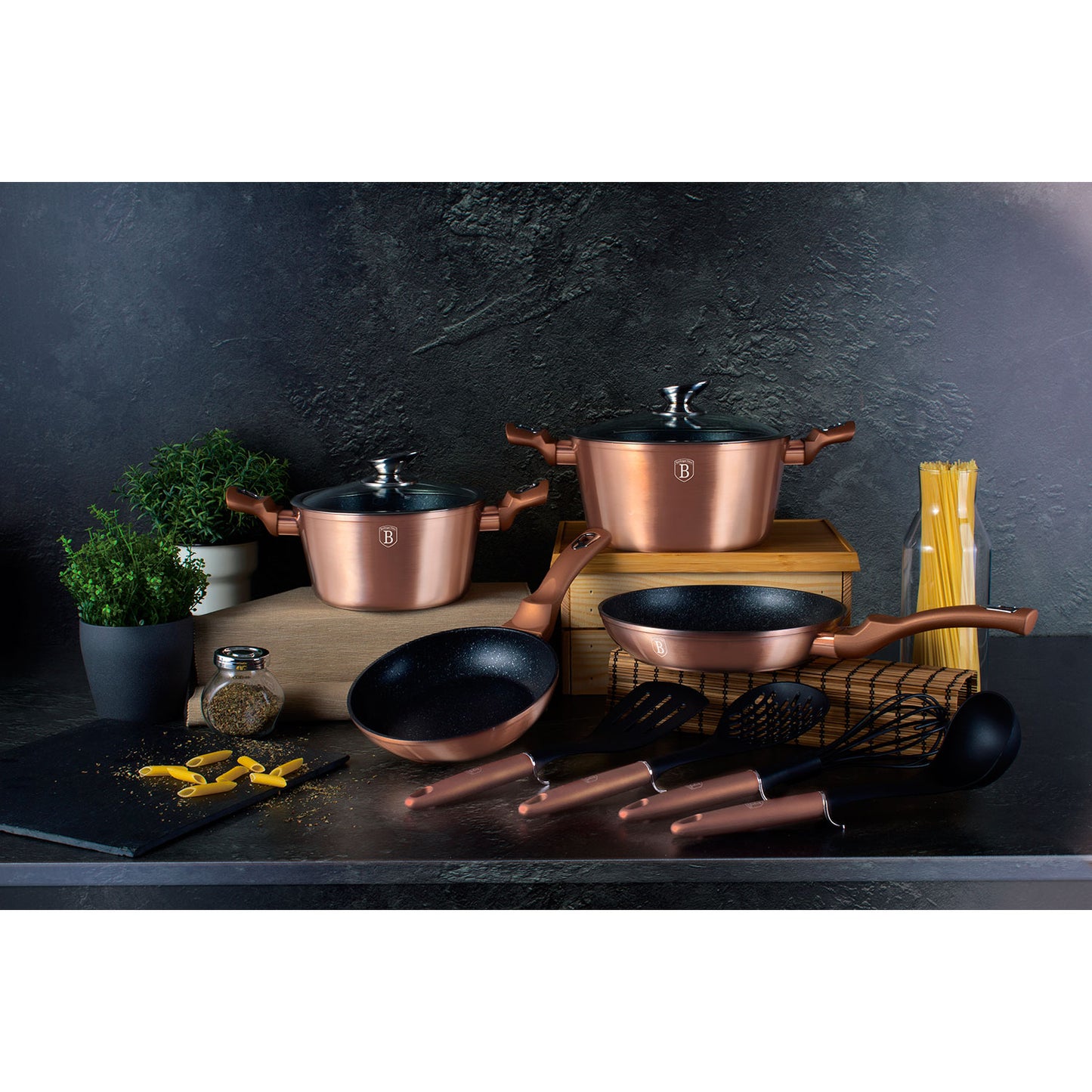Batería Cocina Inducción 10 Piezas, Antiadherente Mármol Sin Pfoa, Aluminio, Cazuelas Sartenes Berlinger Haus Rose Gold Oro Rosado_2