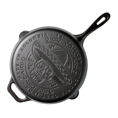 Victoria Sartén Hierro Fundido Curado Diseño Calaca Inducción 30cm Apta Fuego, Horno Cast Iron Skillet, Calaca, Negro_0