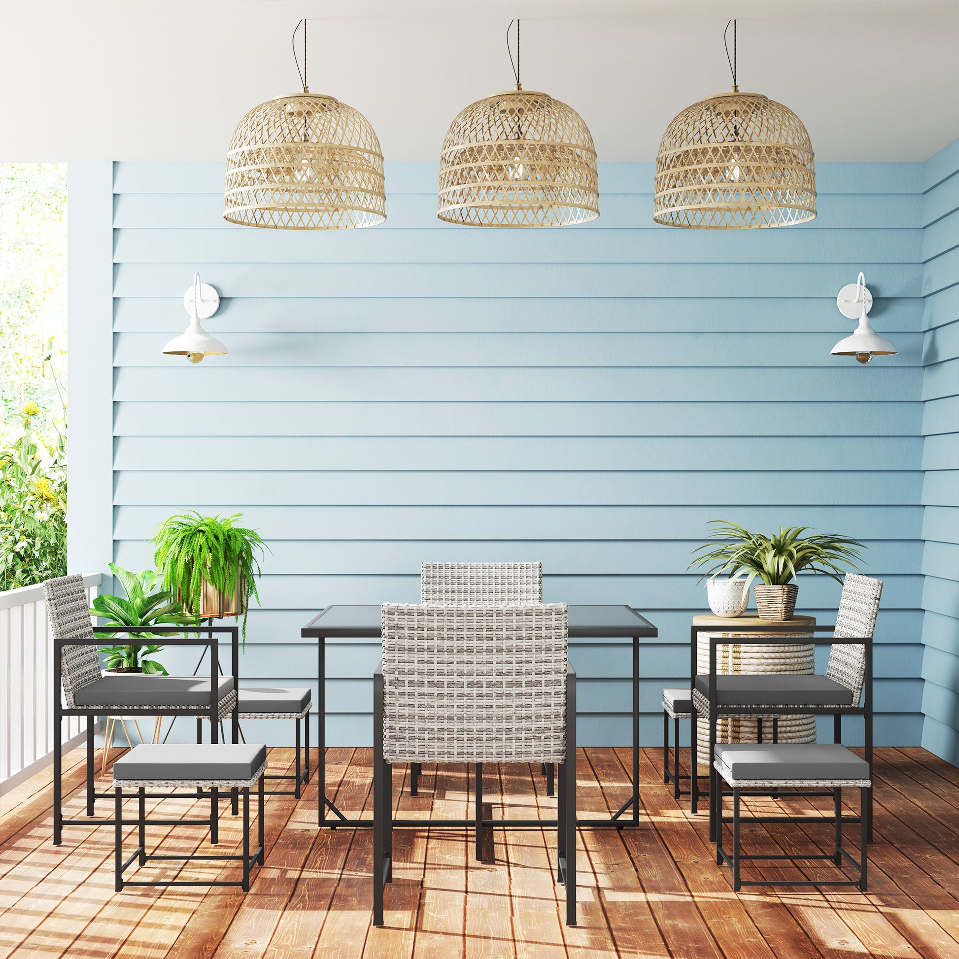 Outsunny Juego De Muebles De Jardín Exterior De Ratán Sintético De 9 Piezas Gris_4