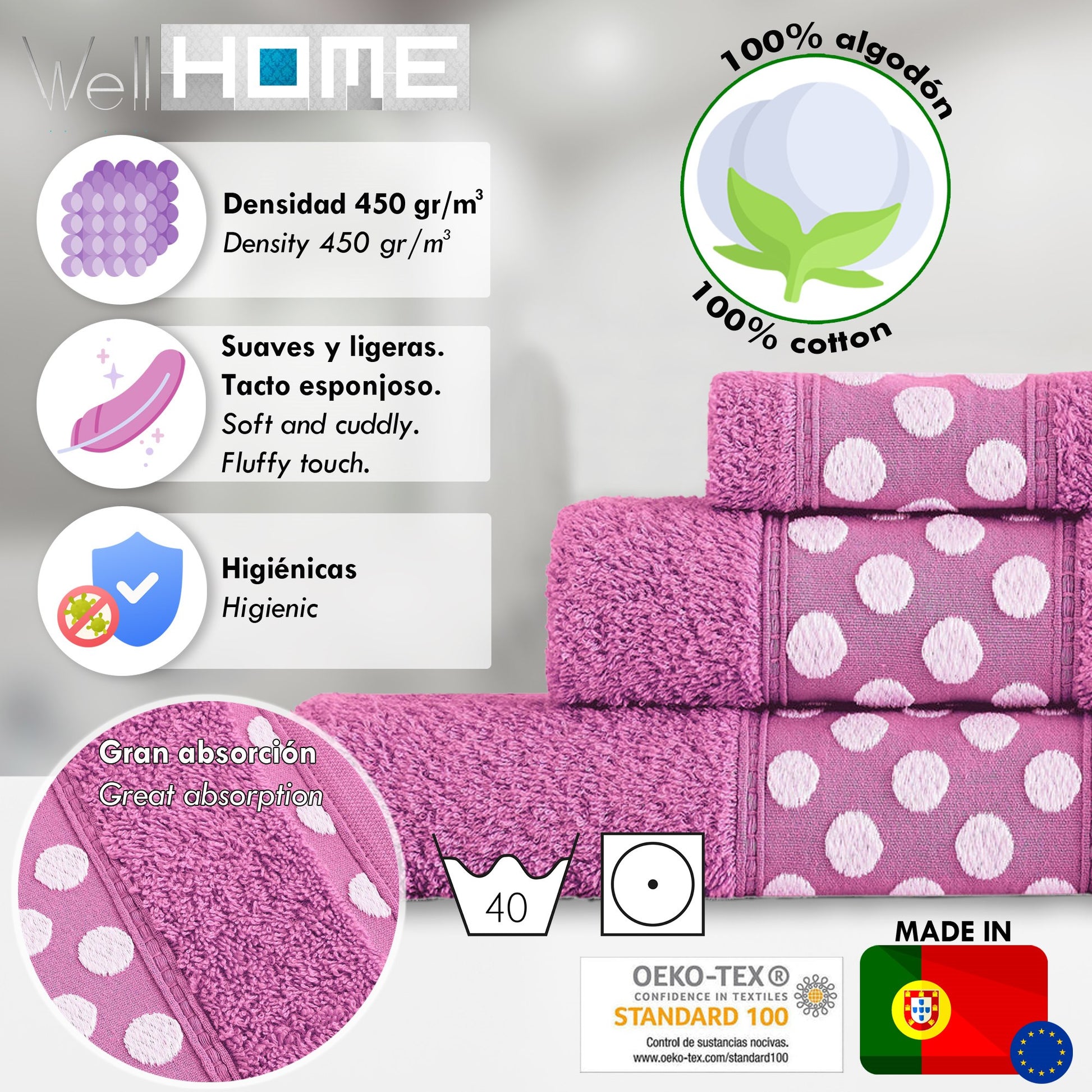 Juego De 3 Toallas De Baño De Algodón De Rizo 450 Gr/m2, De 50x30; 100x50; 150x100 Cm., Color Fucsia_1