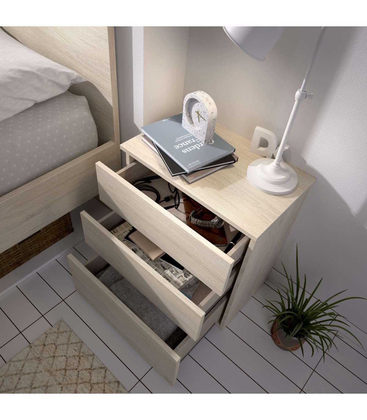 Mesita De Noche Rus Con 3 Cajones En Roble Natural, 58 Cm(alto)52 Cm(ancho)34 Cm(fondo)_5