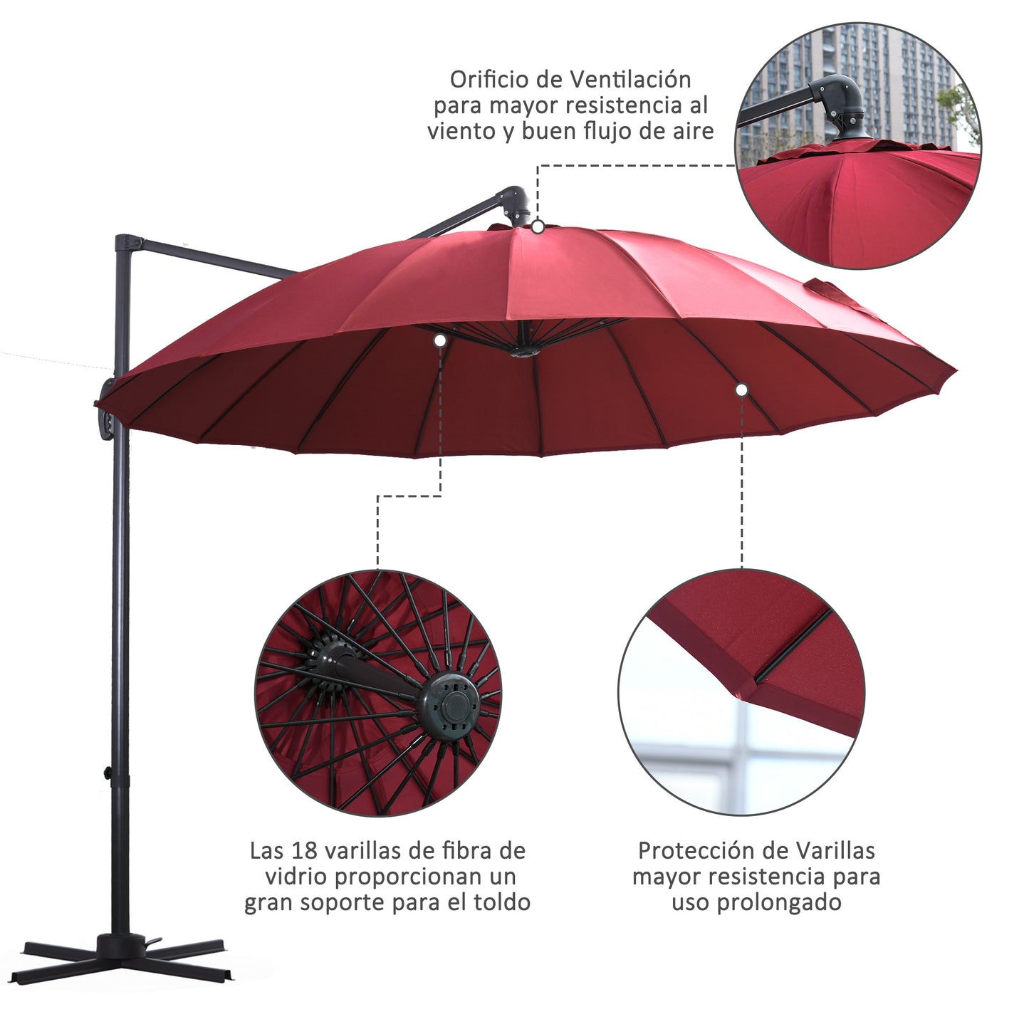 Outsunny Sombrilla Jardín Ø300cm Con Manivela Poste Giratorio 360° Techo_5