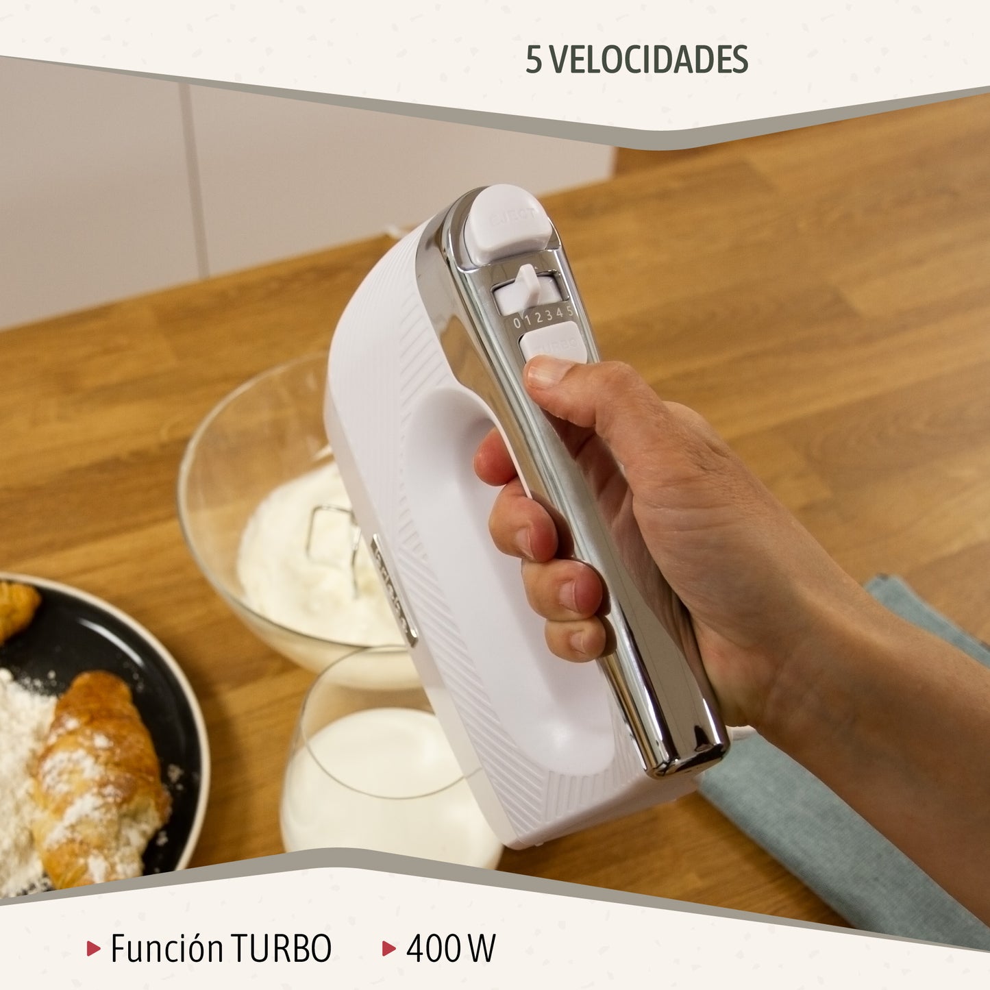 Briebe Batidora De Varillas Eléctrica 400w Amasadora De Mano Especial Repostería 5 Velocidades + Turbo, Hm1174wht_2