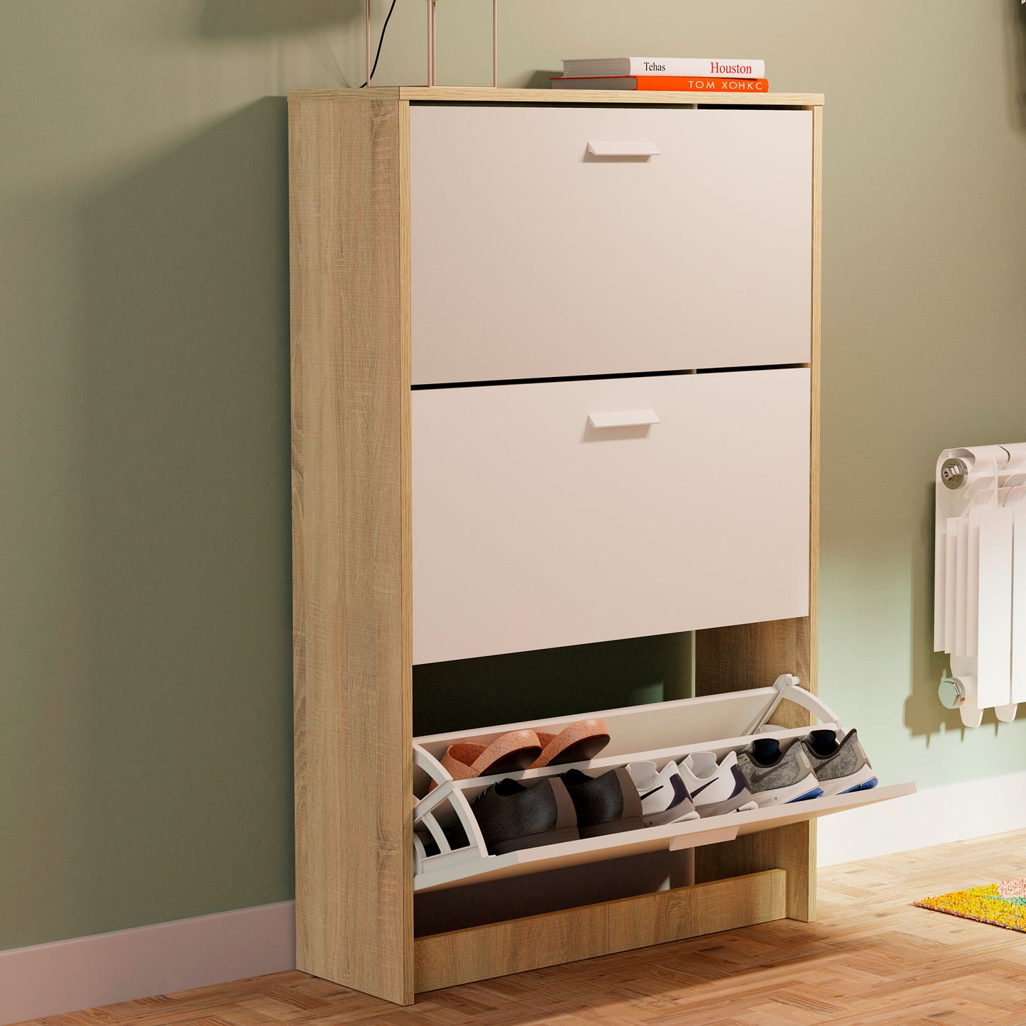 Zapatero Entrada Recibidor, Mueble Auxiliar Estrecho Zapatos, 3 Puertas, Madera 119,5x74x25 Cm, Briebe, Nova, Blanco_1
