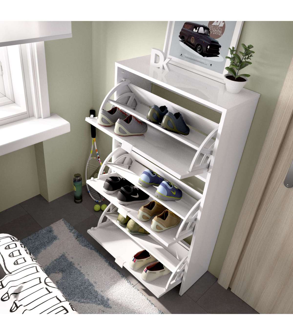 Zapatero 3 Puertas Porcuna Acabado Blanco Brillo, 61 Cm(ancho) 113 Cm(altura) 25 Cm(fondo)_4