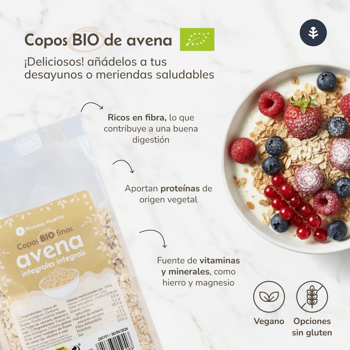 Flocos de Aveia Integrais Finos ECO Planeta Huerto 1,5 kg