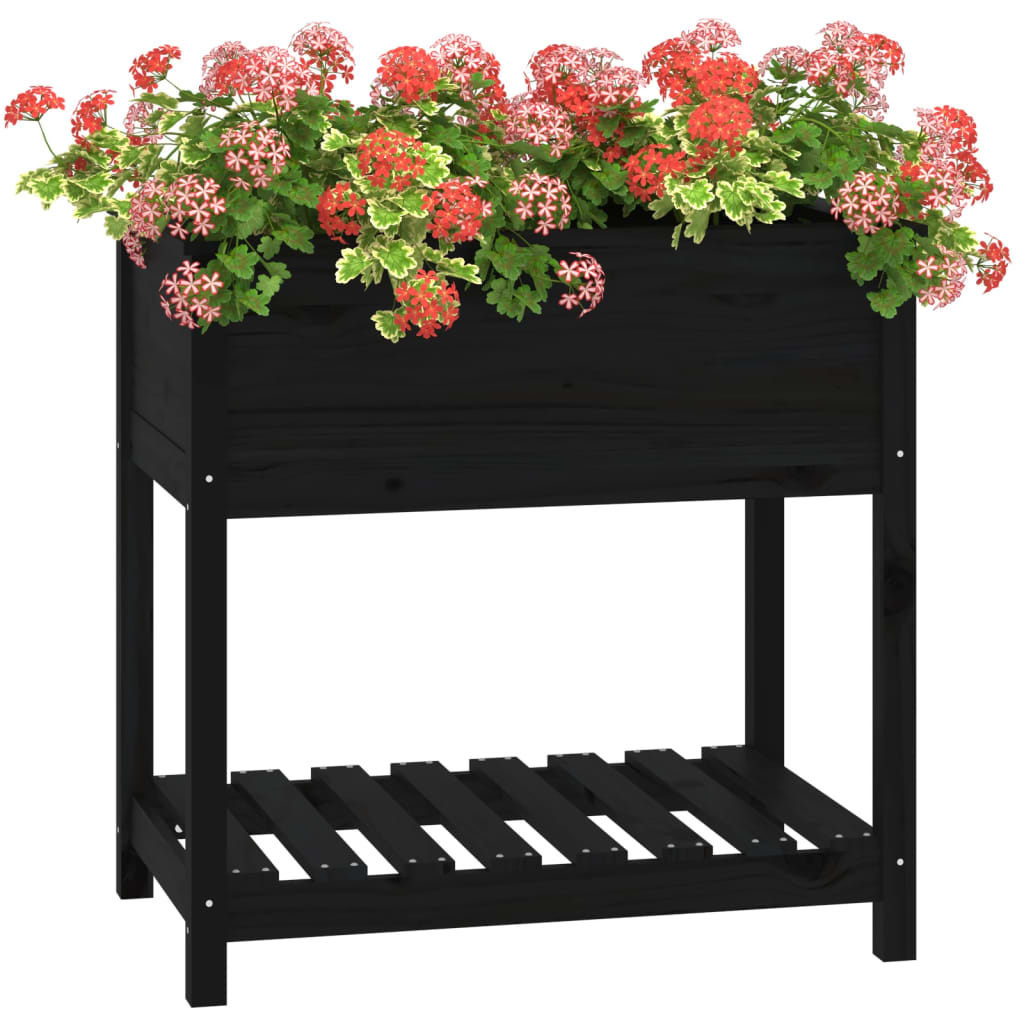 Jardinera Con Estante Madera Maciza De Pino Negro 82,5x54x81 Cm_3