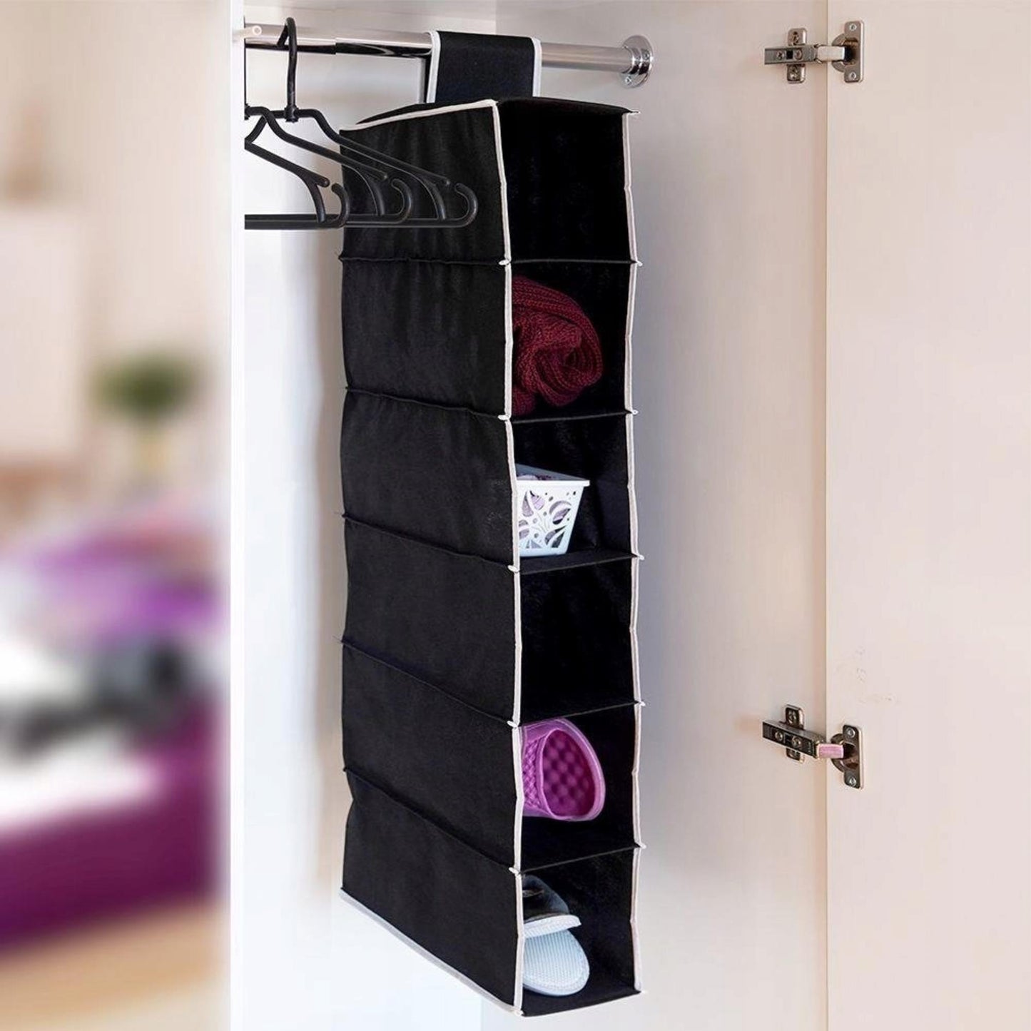 Well Home Organizador Colgante De Almacenamiento Con 6 Compartimentos 15x30xh84cm Negro Con Ribetes Blancos_3