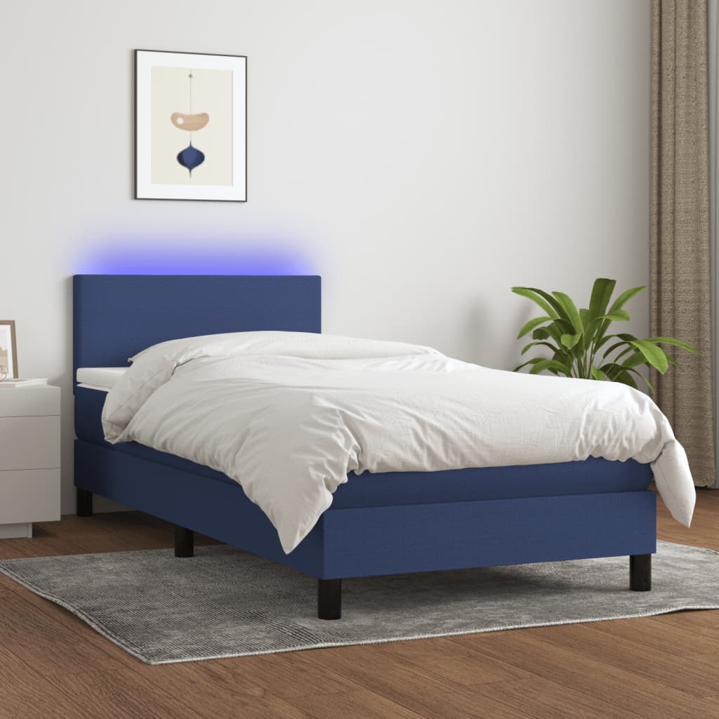 Cama Box Spring Con Colchón Y Led Tela Azul 80x200 Cm / Vetonek_1