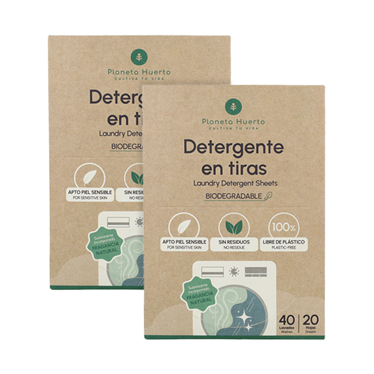Embalagem de 2 Eco-Strips para detergente e amaciador Planeta Huerto 40 lavagens