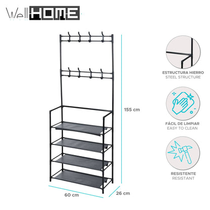 Well Home Perchero Con Estructura De Hierro Acabado Negro, Con 4 Estantes De Organización H.155cm_1