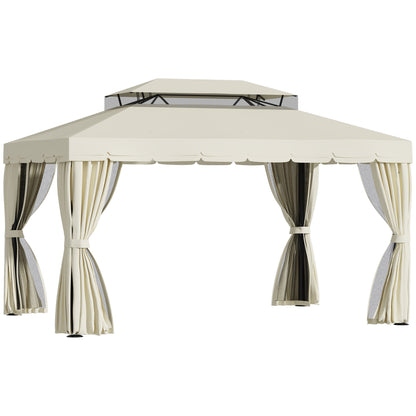 Outsunny Cenador De Jardín 4x3 M Con Doble Techo 4 Cortinas 4 Mosquiteras Crema_0