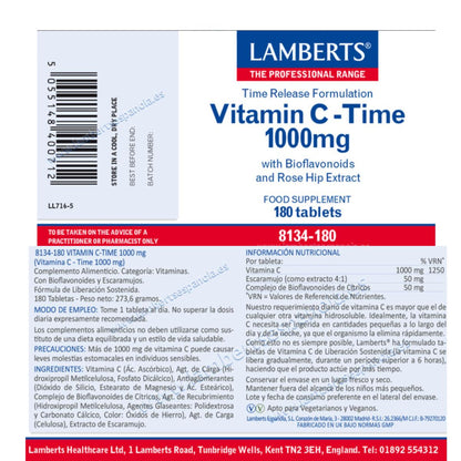 Embalagem de 2 comprimidos de vitamina C 1000 mg de libertação prolongada Lamberts 180