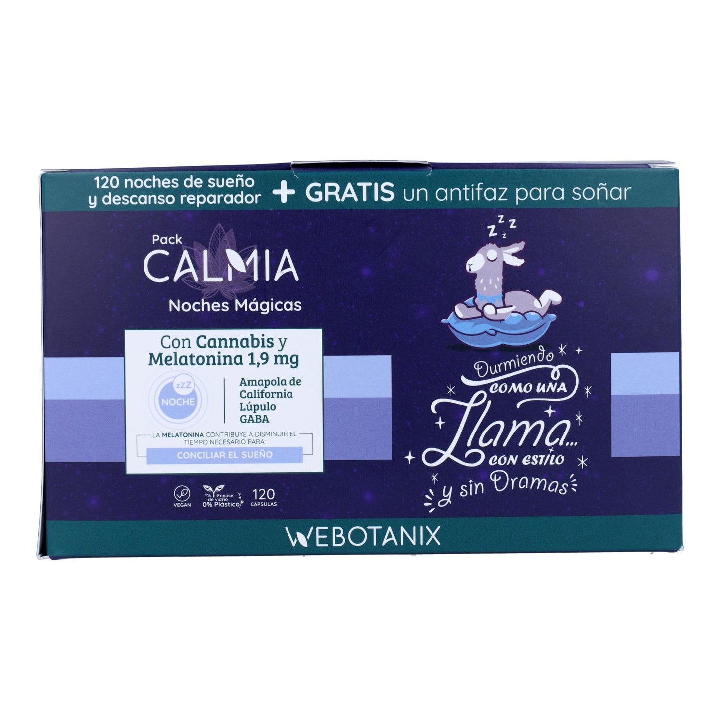 Embalagem de 2 cápsulas Calmia Night Cannabis Melatonina 120 cápsulas + máscara de olhos Webotanix