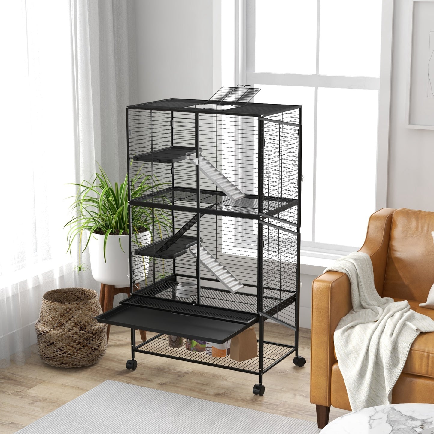Pawhut Jaula Para Animales Pequeños De 4 Niveles Con Ruedas 78x45,5x136 Cm Negro_4