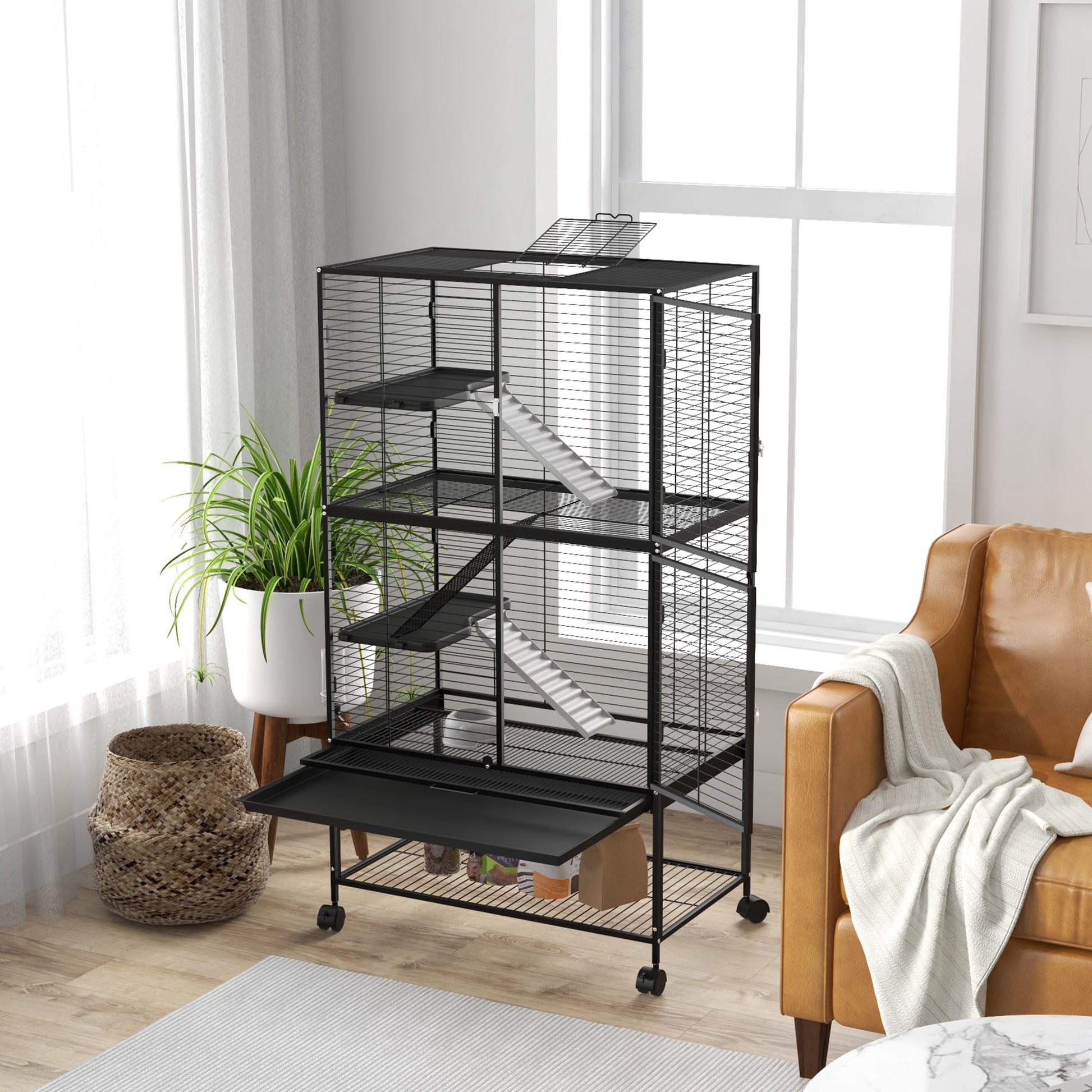 Pawhut Jaula Para Animales Pequeños De 4 Niveles Con Ruedas 78x45,5x136 Cm Negro_4