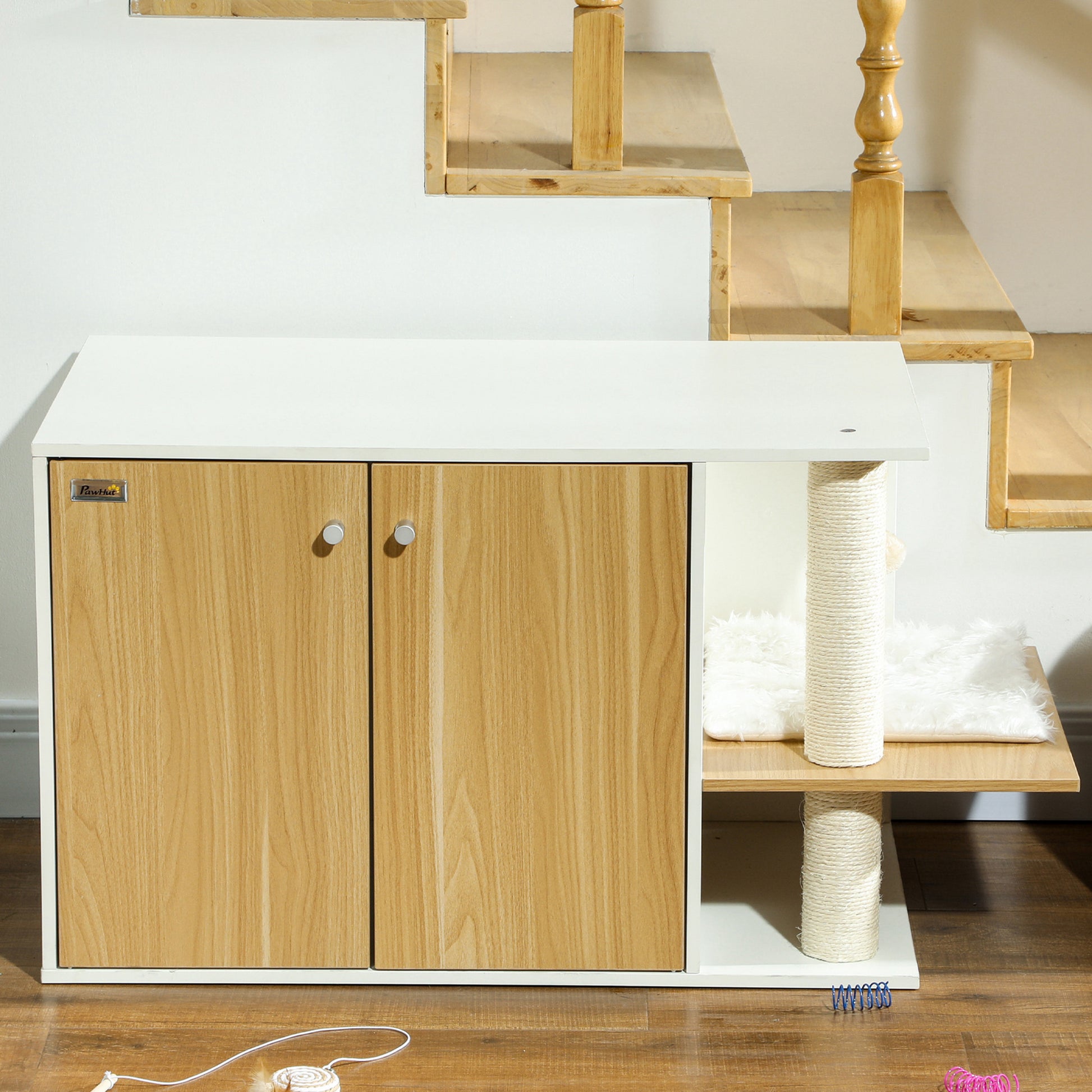 Pawhut Mueble Arenero Para Gatos 3 En 1 Con Puertas Centro De Juegos Blanco_4