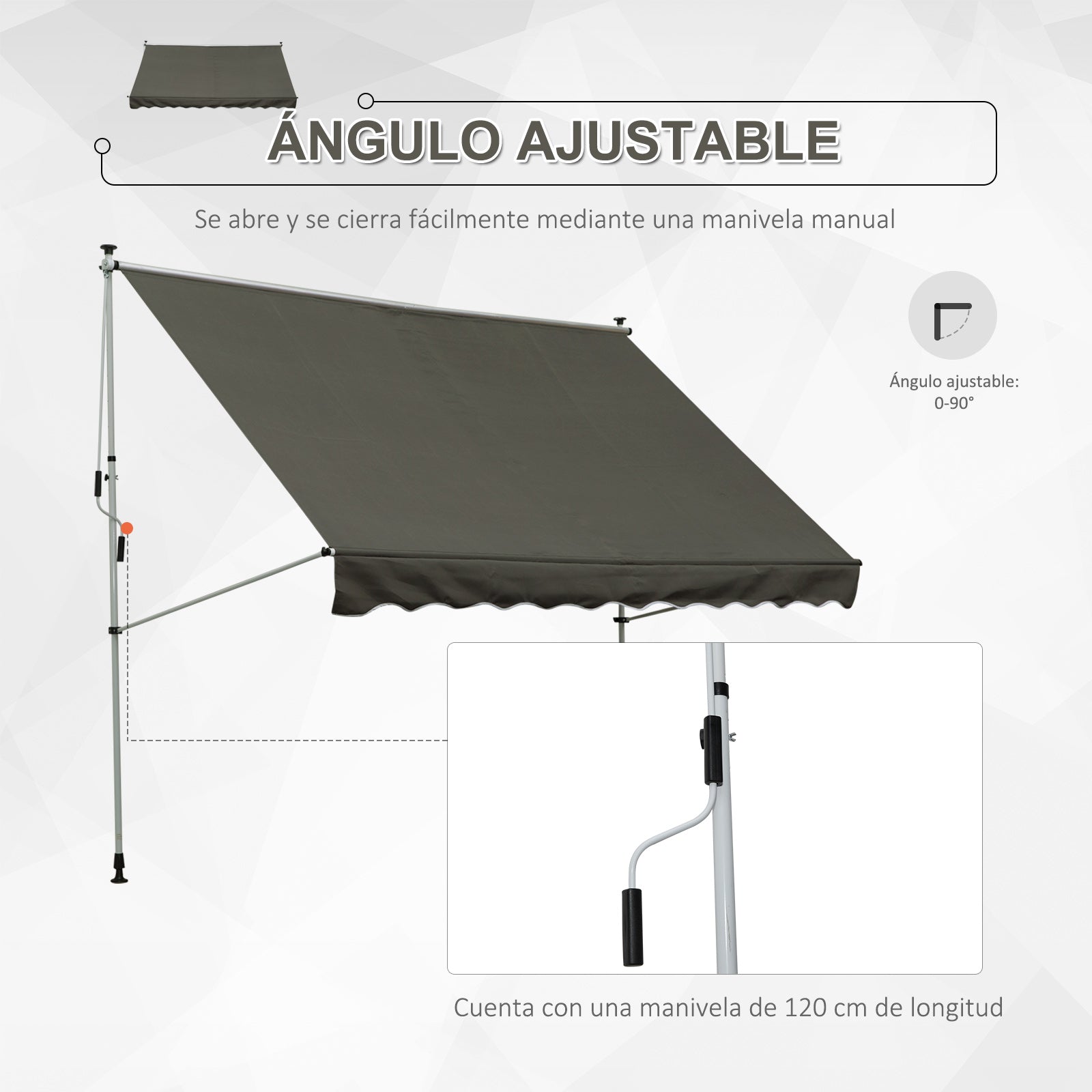 Outsunny Toldo Manual Retráctil 300x150x170-280 Cm Con Altura Ajustable Gris_5