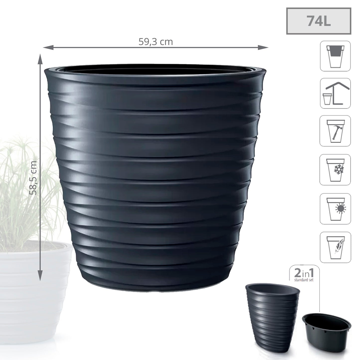 Maceta Freze - Oval 74l., Con Depósito, Dimensiones (mm) 593x393x585, Color Antracita_1