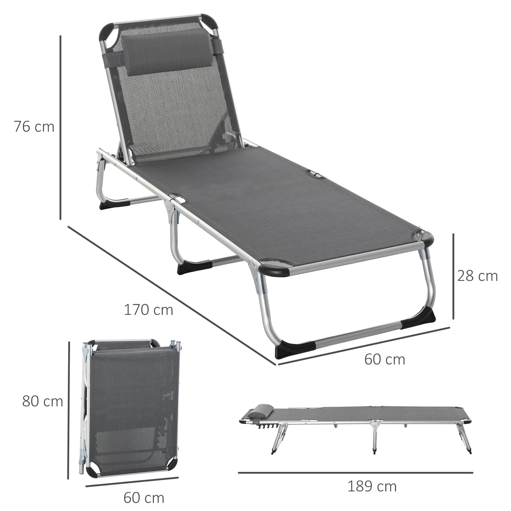 Outsunny Tumbona Plegable Con Reposacabezas Respaldo Ajustable 165x60x76cm Gris_2