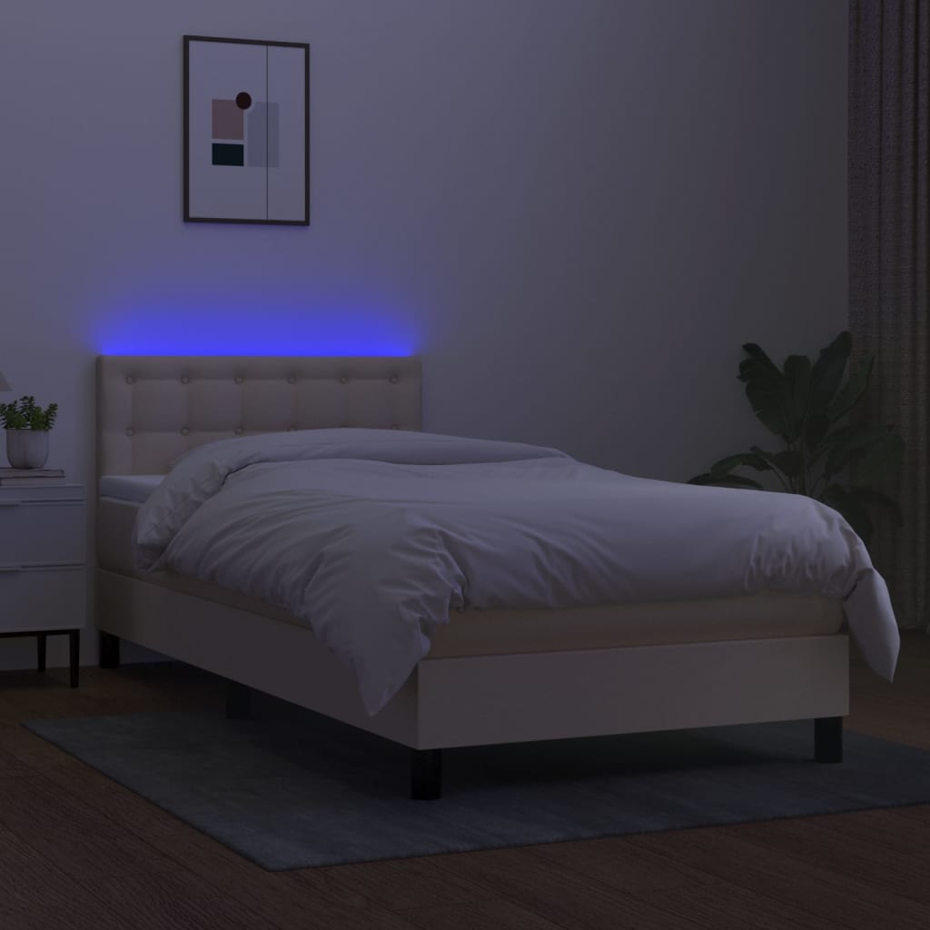 Cama Box Spring Colchón Y Luces Led Tela Crema 80x200 Cm / Vetonek_0