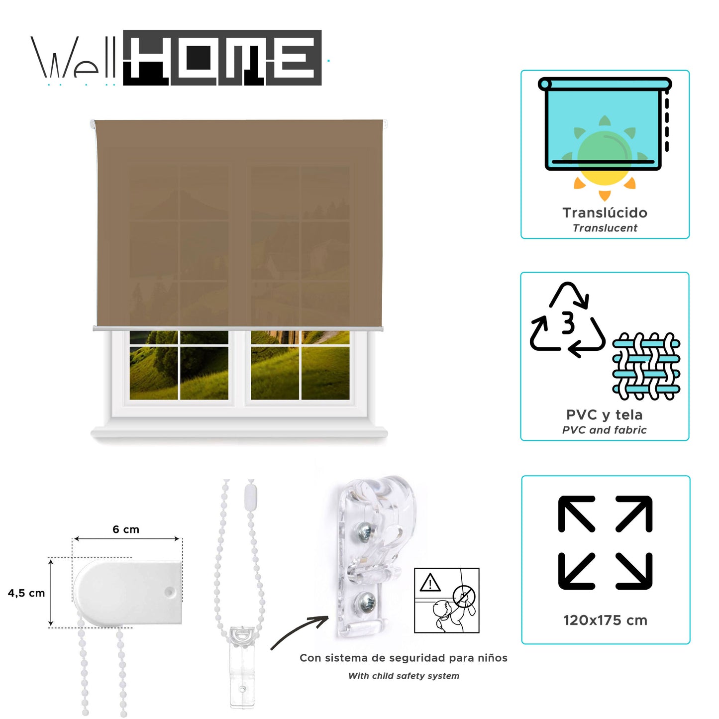 Estor Marrón 120x175cm Translúcido Enrollable Wellhome_1