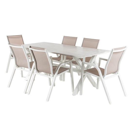 Conjunto Mesa De Jardin 190 Cm Con 6 Sillones Apilables, Aluminio Blanco, Textilene Taupé, 6 Plazas_0