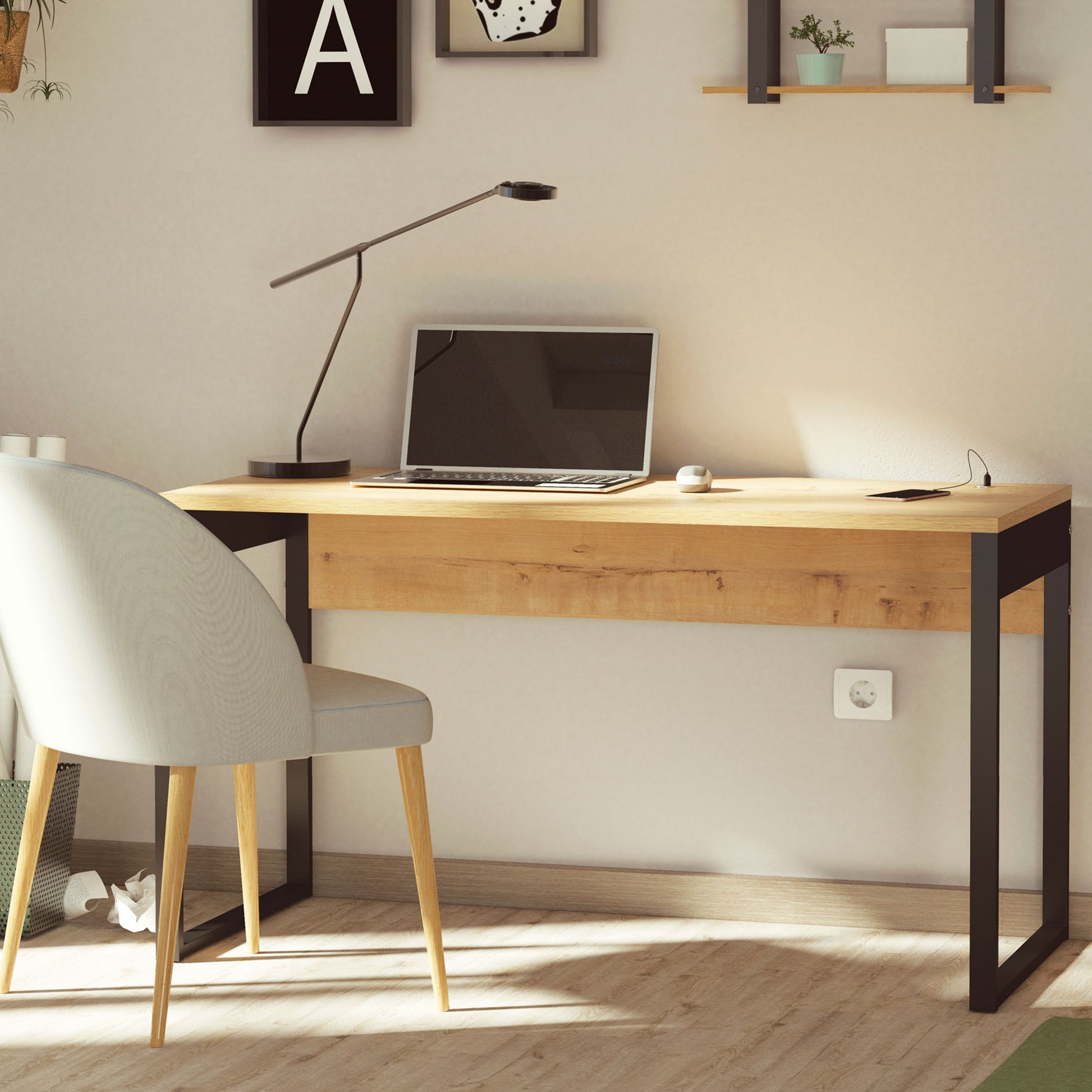 Escritorio Mesa De Ordenador Oficina Estudio, Patas Estructura Metálica Industrial 76x135x60cm, Briebe, Smuk, Madera_2
