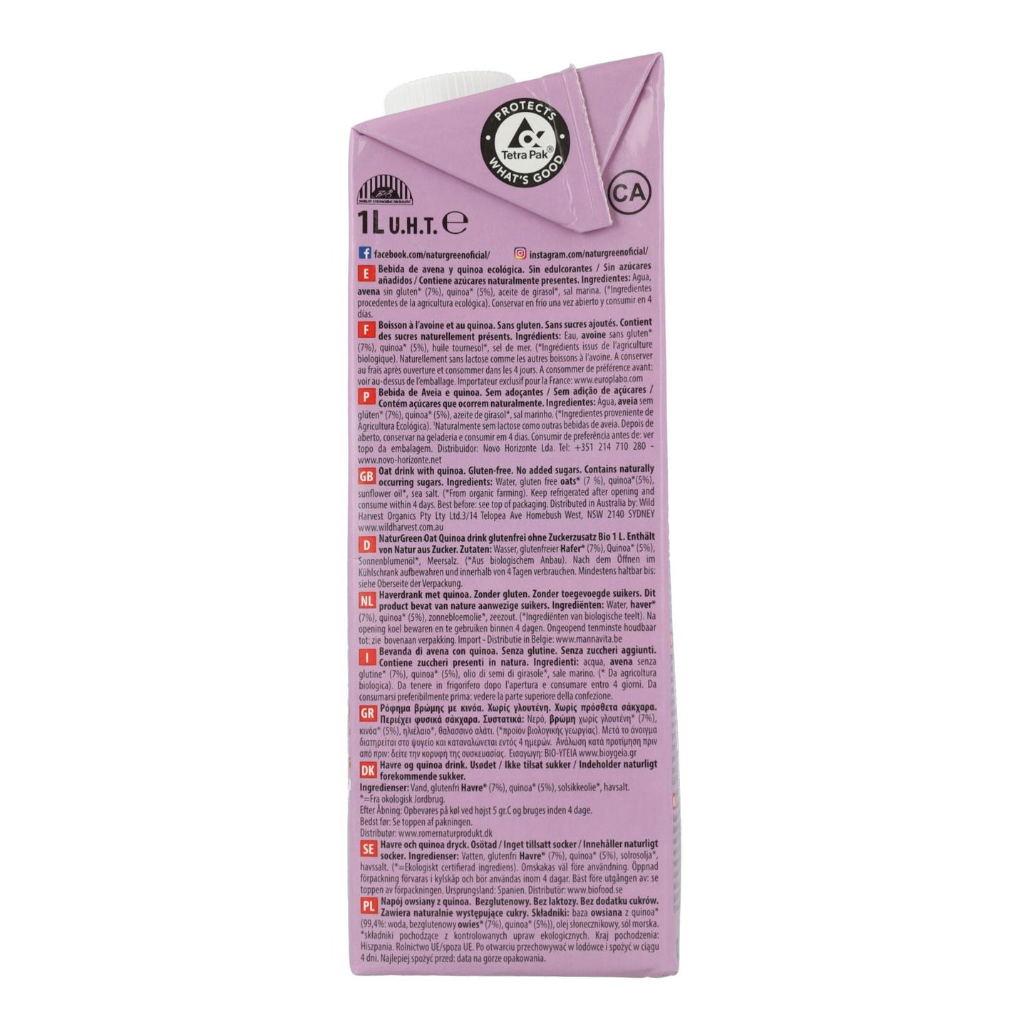 Embalagem de 6 bebidas orgânicas de aveia e quinoa sem glúten NaturGreen, 1 litro