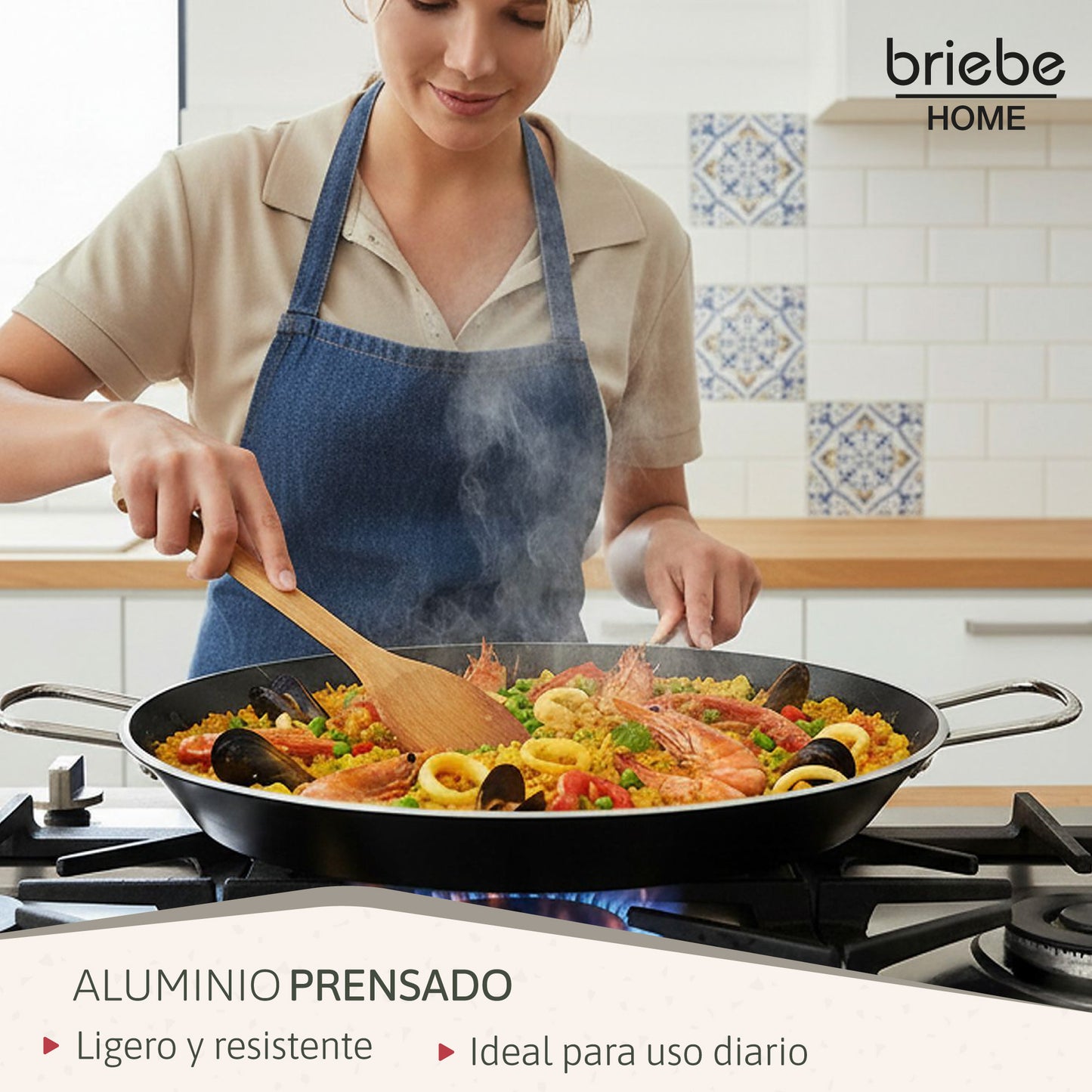 Briebe Paellera Inducción 42cm, 9-10 Raciones, Aluminio Prensado, Antiadherente Sin Pfoa, 3mm Espesor, Zafrán, Negro_2