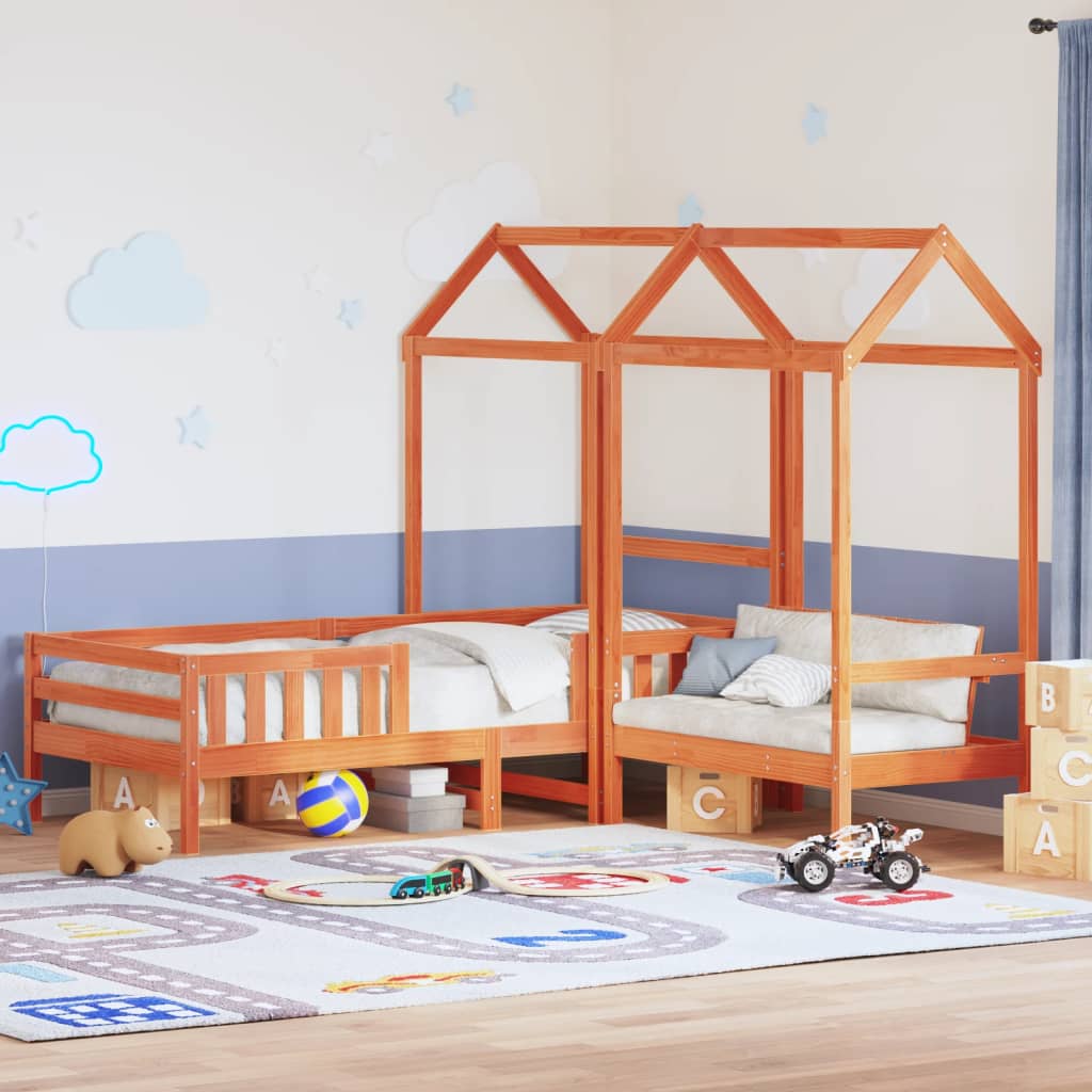Set De Cama Y Banco Con Techo Madera De Pino Marrón 90x190 Cm_1