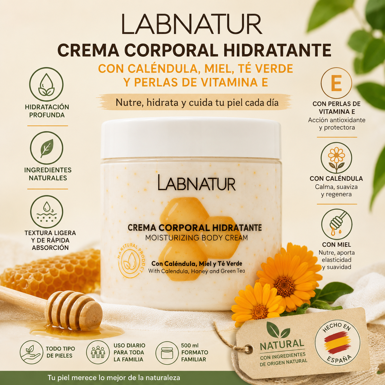 Crema Corporal Con Perlas De Vitamina E, Caléndula Y Miel - Labnatur - 500 Ml_2