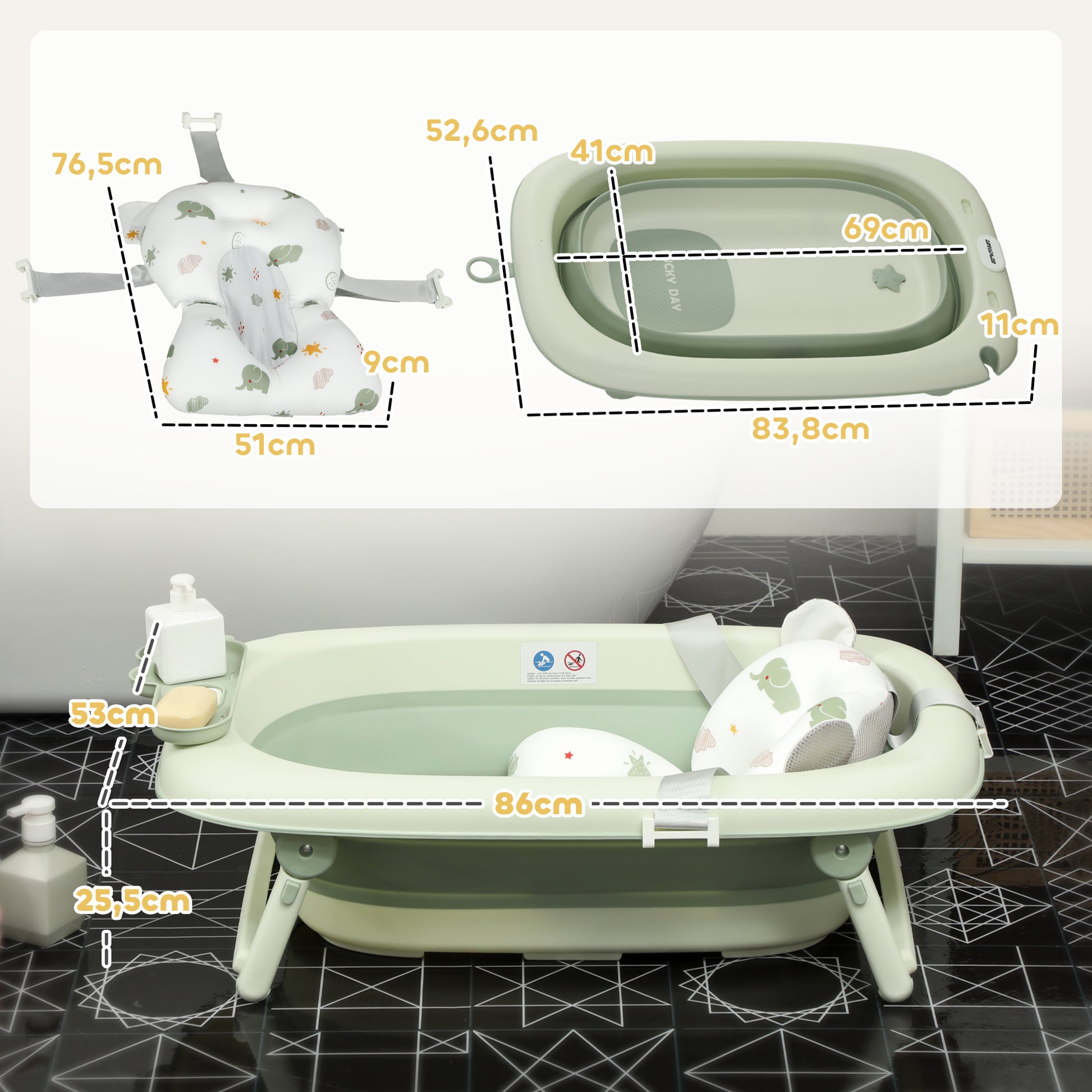 Aiyaplay Bañera Plegable Bebé Con Cojín De Baño Soporte Antideslizante Verde_2