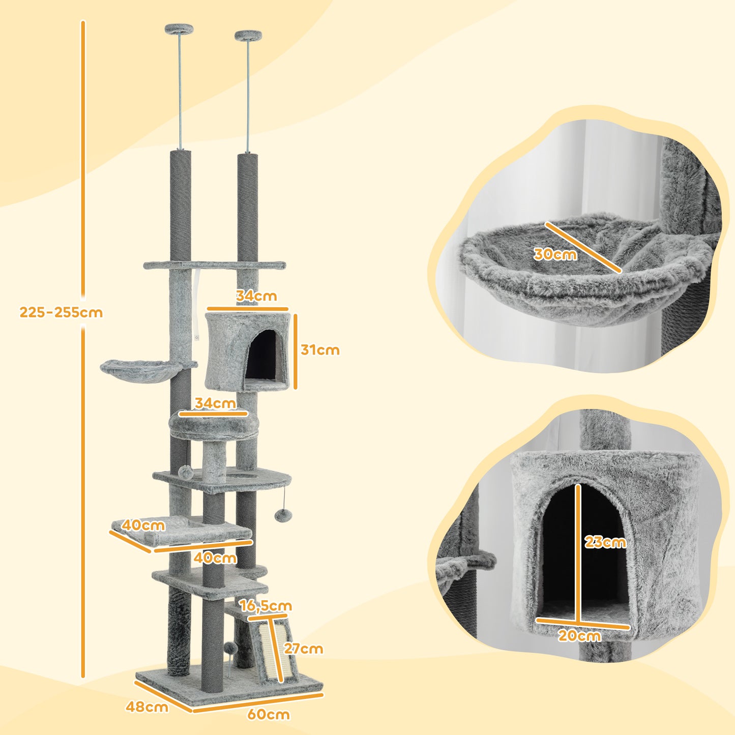 Pawhut Árbol Para Gatos De Suelo A Techo De 225-255 Cm Con Altura Ajustable Gris_2