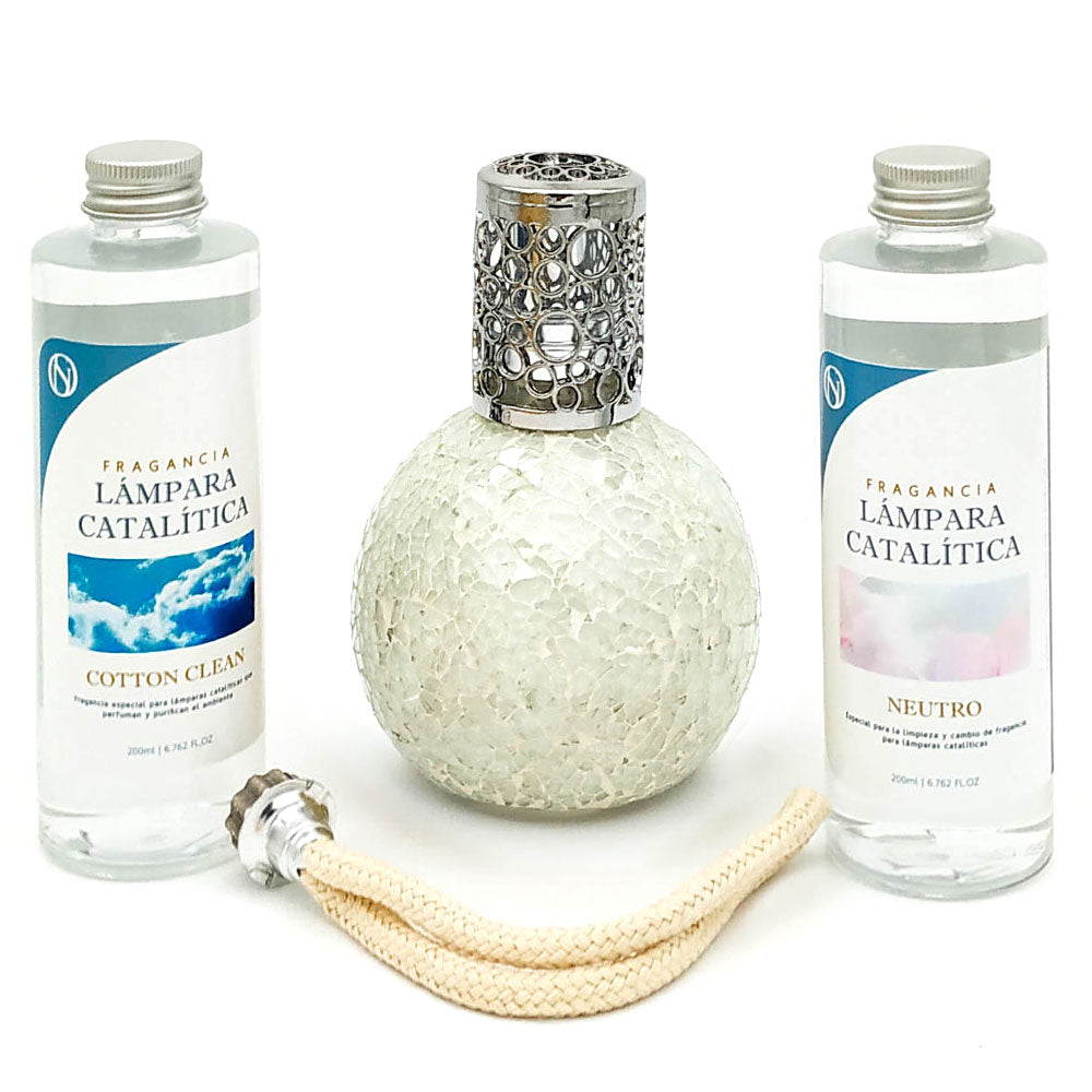 Pack Ahorro Lámpara Catalítica Mosaico Blanco + Fragancia Cotton Clean 500ml + Limpiador Neutro 200ml + Mecha Repuesto_0