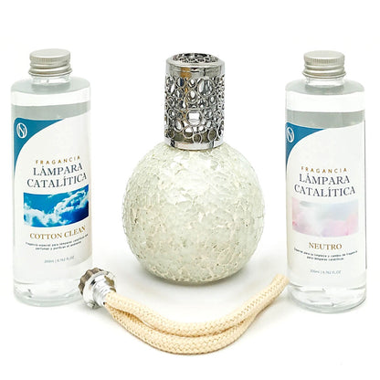 Pack Ahorro Lámpara Catalítica Mosaico Blanco + Fragancia Cotton Clean 500ml + Limpiador Neutro 200ml + Mecha Repuesto_0