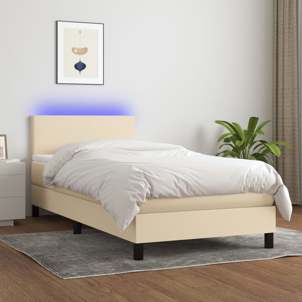 Cama Box Spring Con Colchón Y Led Tela Crema 80x200 Cm / Vetonek_2