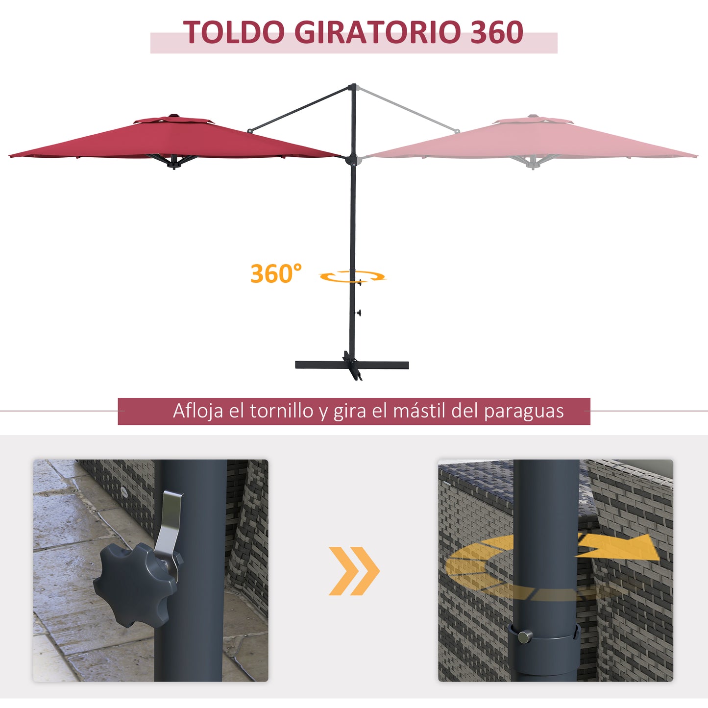 Outsunny Sombrilla De Jardín Ø294x242 Cm Con Altura Ajustable Rojo Vino_5