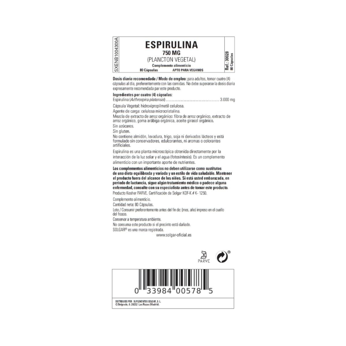 Espirulina 750 mg (Plâncton), 80 cápsulas vegetais