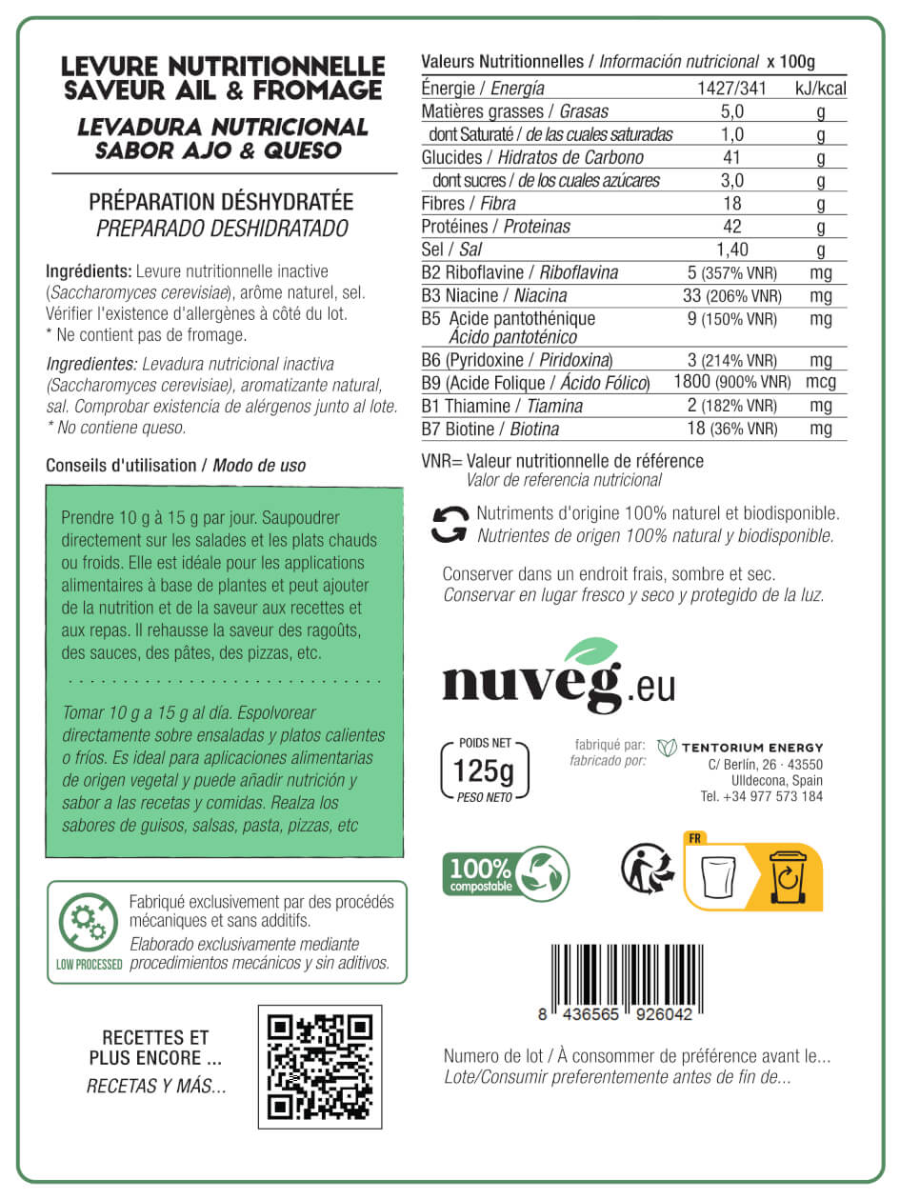 Levedura nutricional com sabor a alho e queijo Nuveg 125 g
