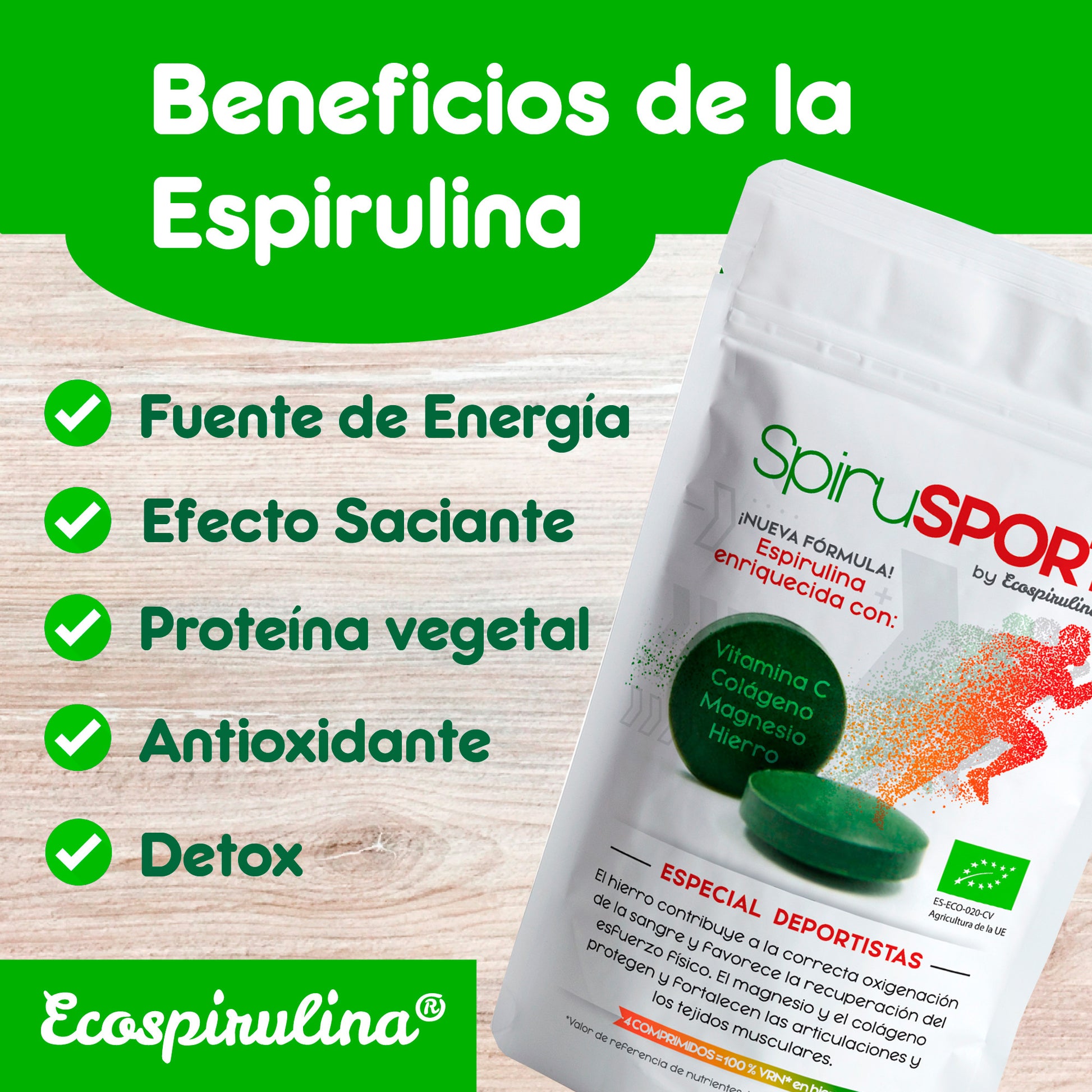 Spirusport Espirulina Ecológica Con Colágeno Marino Y Magnesio Ecospirulina 200 Comprimidos_2